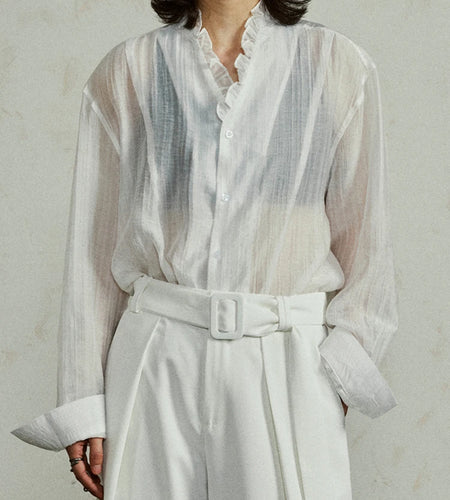 Women White Thin Perspective Big Size Blouse New Stand Collar Long Sleeve Shirt Fashion Tide Spring Autumn 2025 1DJ0350