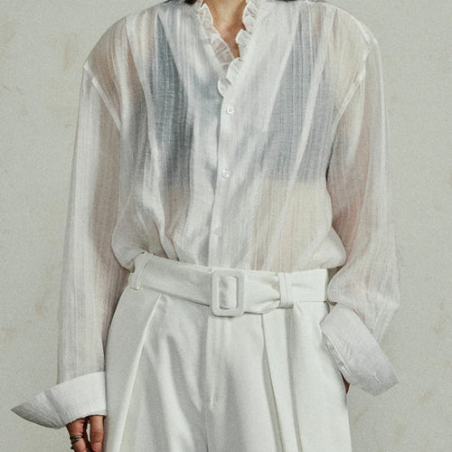 Load image into Gallery viewer, Women White Thin Perspective Big Size Blouse New Stand Collar Long Sleeve Shirt Fashion Tide Spring Autumn 2025 1DJ0350
