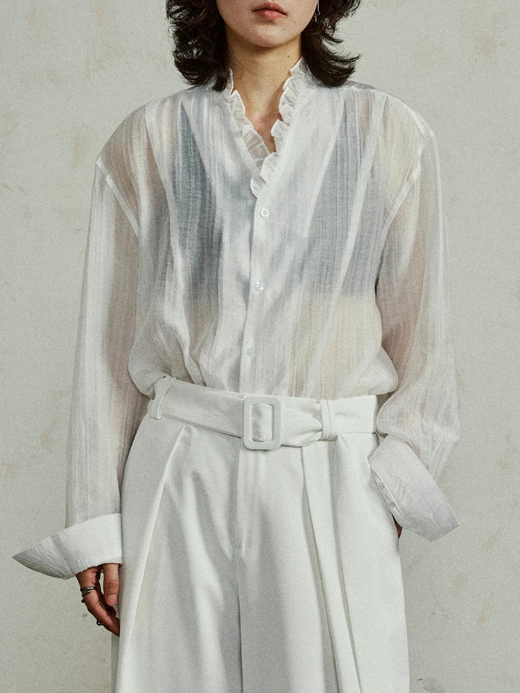 Women White Thin Perspective Big Size Blouse New Stand Collar Long Sleeve Shirt Fashion Tide Spring Autumn 2025 1DJ0350