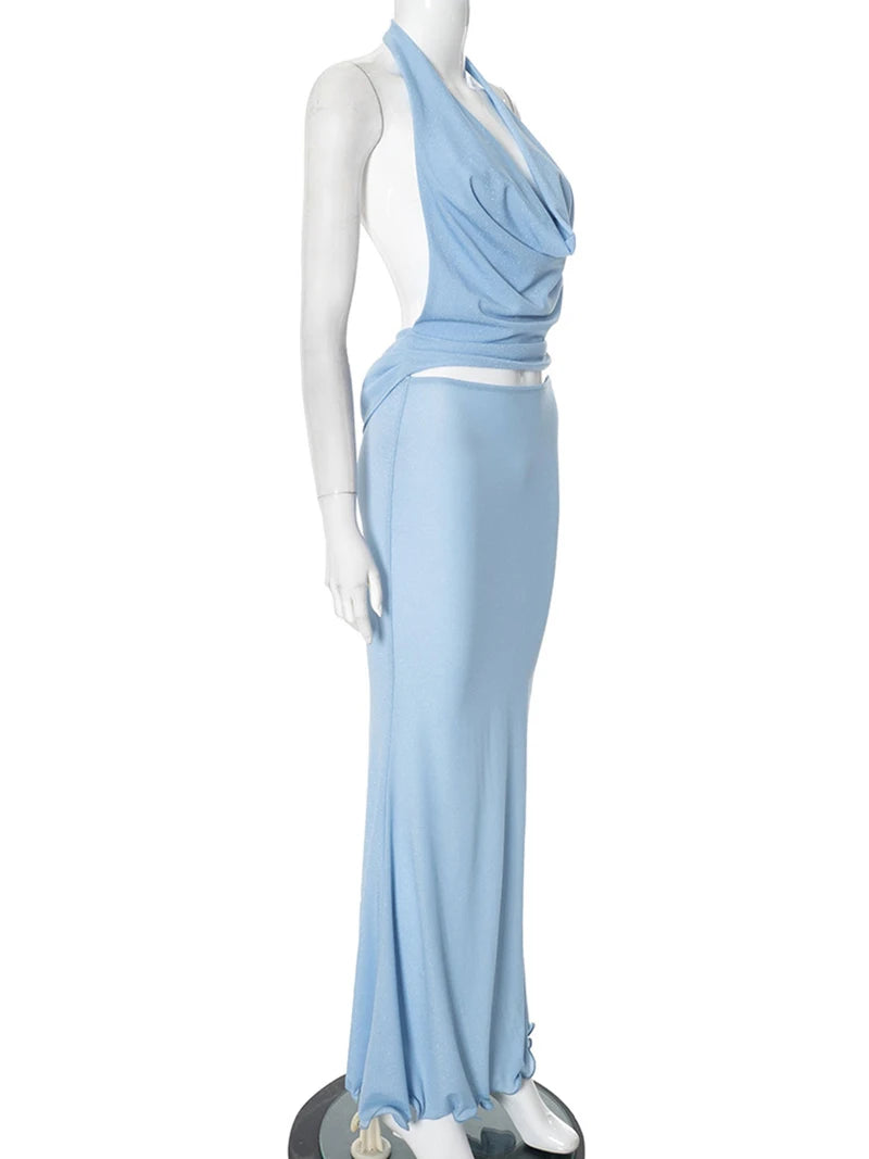 Halter Deep V Neck Backless Sexy Maxi Dress For Women Fashion Sleeveless High Waist Slim-fit Beach Club Party Dress