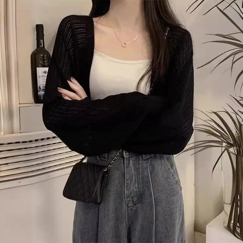 Load image into Gallery viewer, Sun Protection Y2k Aesthetic Solid Women Cardigan Hollow Out Loose Streetwear Knitted Harajuku Casual Vintage Grunge Crop Tops
