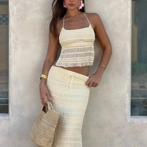 Load image into Gallery viewer, Chiffon Lace Sexy Skirt Two Piece Sets Women Halter Crop Tops And Maxi Skirt Ladies Fashion Woman Long Dress Set
