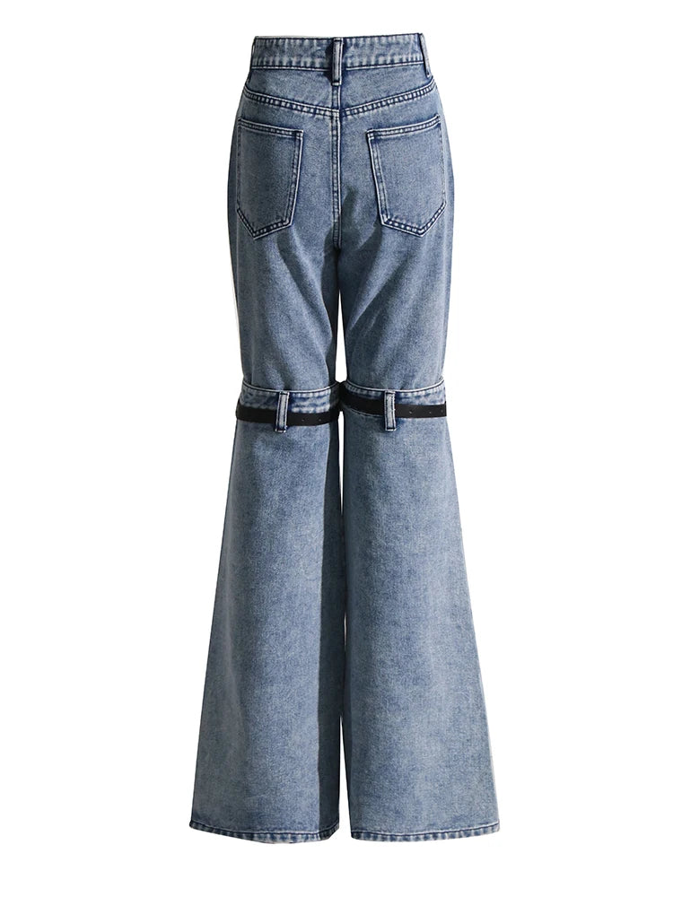 Patchwork Belt Denim Pants For Women High Waist Hollow Out Spliced Pockets Loose Wide Leg Trouser Female Clothing Fashion