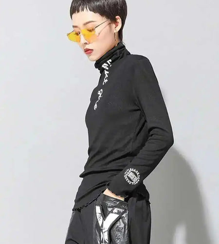 Women Black High Elastic Letter Slim Casual T-shirt New Turtleneck Long Sleeve Fashion Tide Spring Autumn 2025 1DF4640