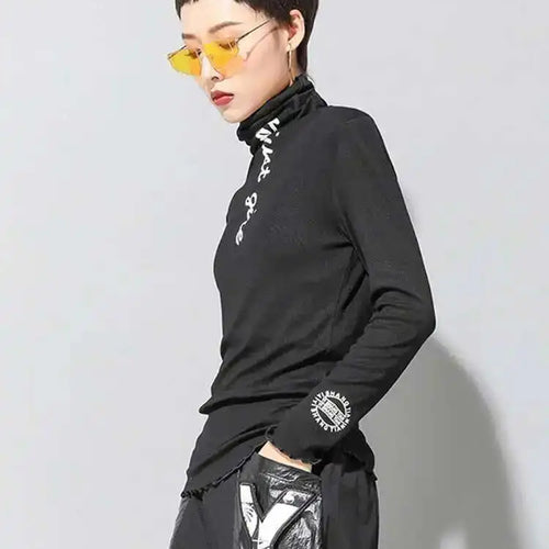 Load image into Gallery viewer, Women Black High Elastic Letter Slim Casual T-shirt New Turtleneck Long Sleeve Fashion Tide Spring Autumn 2025 1DF4640
