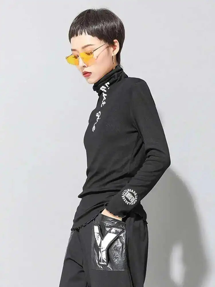 Women Black High Elastic Letter Slim Casual T-shirt New Turtleneck Long Sleeve Fashion Tide Spring Autumn 2025 1DF4640