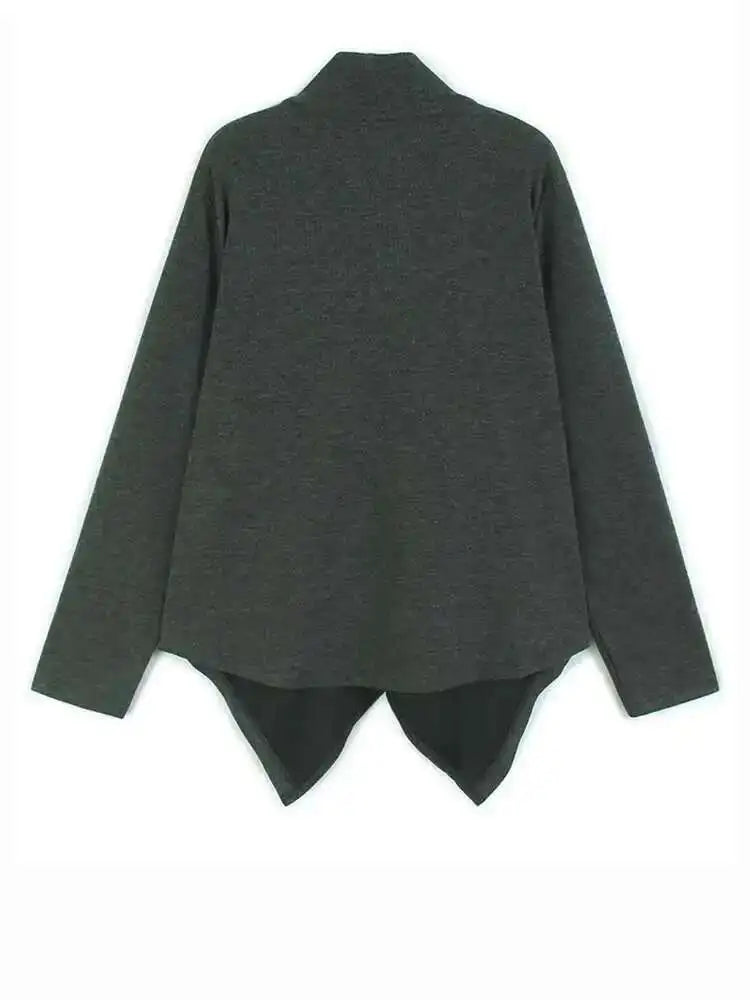 Women Gray Irregular Hem Button Big Size Casual T-shirt New Turtleneck Long Sleeve Fashion Tide Spring Autumn 2025 1DH9329