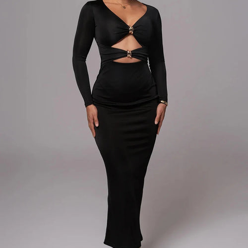 Load image into Gallery viewer, Hollow out long sleeve sexy maxi dress for women fashion solid V neck back split bodycon club long dress elegant
