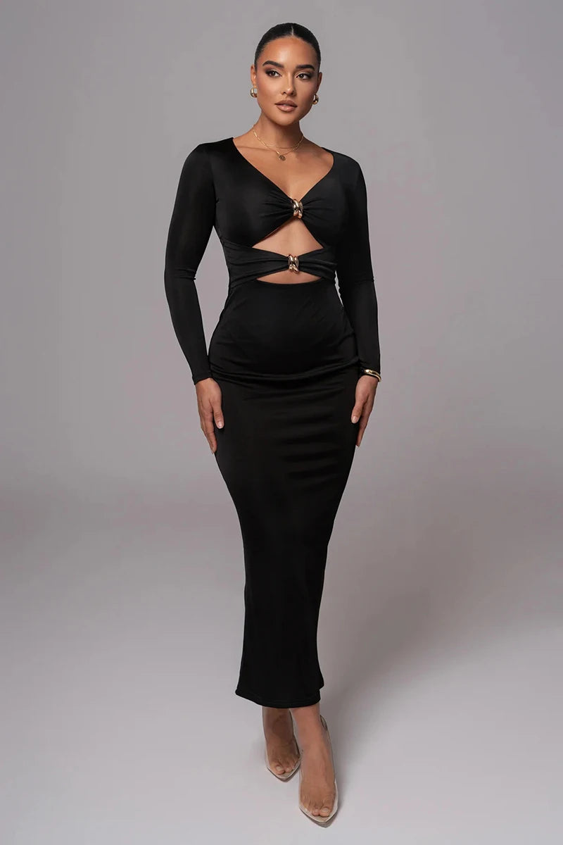 Hollow out long sleeve sexy maxi dress for women fashion solid V neck back split bodycon club long dress elegant