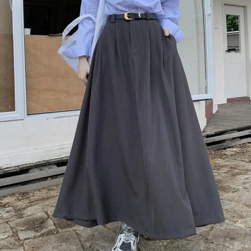 Load image into Gallery viewer, Autumn Black Pockets Long Skirt Women With Belt 2023 Fashion Korean Ladies High Waist Pleated A-line Grey Suit Skirt Female Chic
