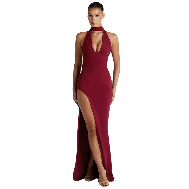 Scarf Collar Backless Sexy Maxi Dress Women Gown Fashion Halter Deep V Neck Thigh High Split Bodycon Long Dress