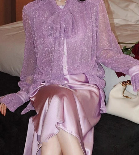 Solid Spliced Lace Up Loose Blouses For Women Scarf Collar Long Sleeve Minimalsit Shirts Female Fashion Style New