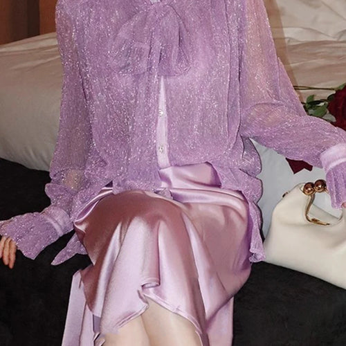 Load image into Gallery viewer, Solid Spliced Lace Up Loose Blouses For Women Scarf Collar Long Sleeve Minimalsit Shirts Female Fashion Style New
