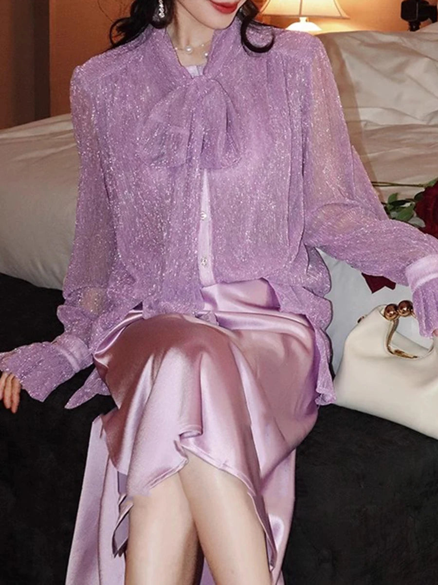 Solid Spliced Lace Up Loose Blouses For Women Scarf Collar Long Sleeve Minimalsit Shirts Female Fashion Style New