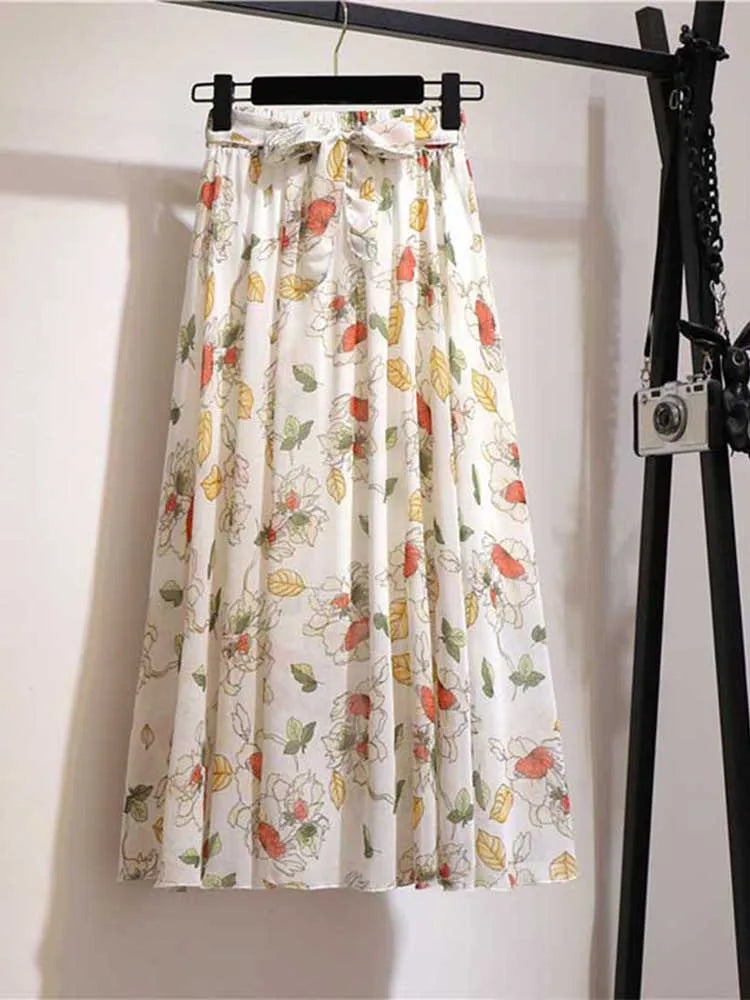 Long Skirt Women For 2024 Spring Summer Lady Korean Style White Black Chiffon Sun School High Waist Midi Skirt Female