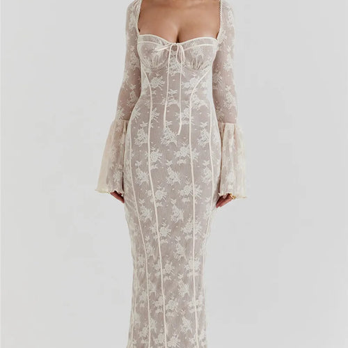 Load image into Gallery viewer, Lace Print Long Flare Sleeve Sexy Maxi Dress For Women Fashion Square Collar Backless Bodycon Club Party Sexy Dress
