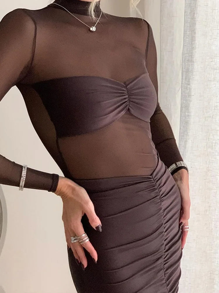 Elegant Long Sleeve Mesh Patchwork Bodycon Party Club Evening Dress Women Winter New 2025 Sexy Tight Perspective Vestido