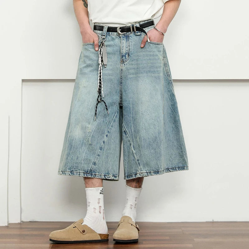 Men's Denim Shorts New American Hign Street Style Washed Loose Pants Solid Color Trendy Wide Leg Male Bottoms 9W1697