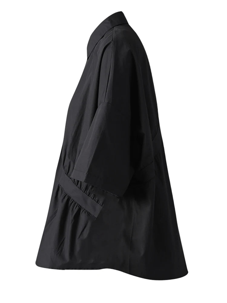 Women Black Irregular Pleated Big Size Casual Blouse New Lapel Short Sleeve Shirt Fashion Tide Spring Summer 2025 CPG3167