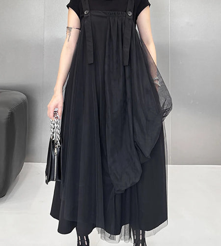 Women Black Irregular Mesh Big Size Strap Dress New Square Collar Sleeveless Fashion Tide Spring Autumn 2025 1DJ1413