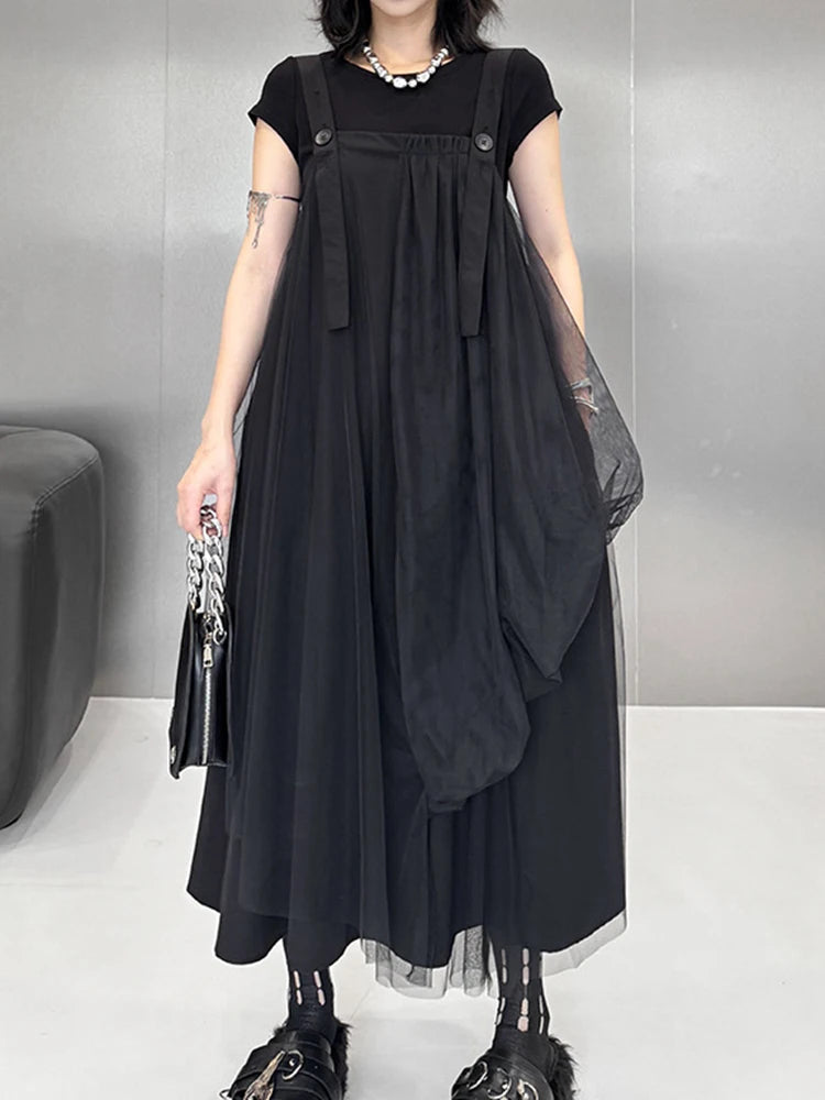 Women Black Irregular Mesh Big Size Strap Dress New Square Collar Sleeveless Fashion Tide Spring Autumn 2025 1DJ1413