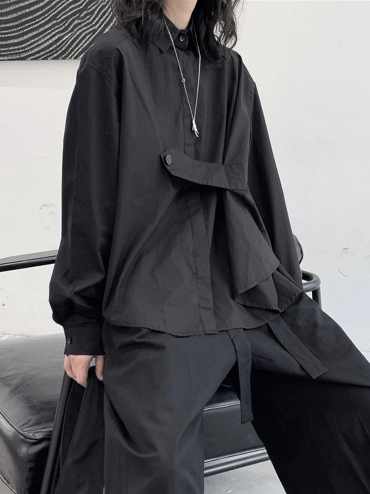 Women Black Irregular Button Big Size Casual Blouse New Lapel Long Sleeve Shirt Fashion Tide Spring Autumn 2025 1DJ1667