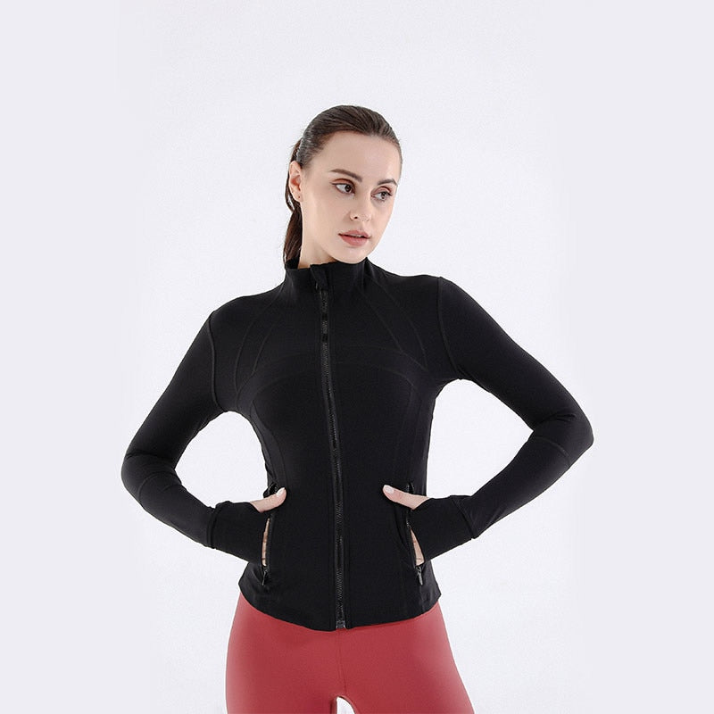 Long Sleeve Sports Jacket Zipper Fitness Fit Lightweight Yoga Shirt Gym Activewear Running Coats with Thumb Holes for Workout