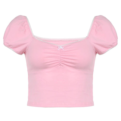 Load image into Gallery viewer, Y2K Sweet Frill Bow Lolita Summer T shirt Female Ruched Slim Crop Tops Korean Coquette Cute Tees Square Neck Clothing
