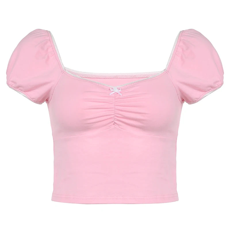 Y2K Sweet Frill Bow Lolita Summer T shirt Female Ruched Slim Crop Tops Korean Coquette Cute Tees Square Neck Clothing