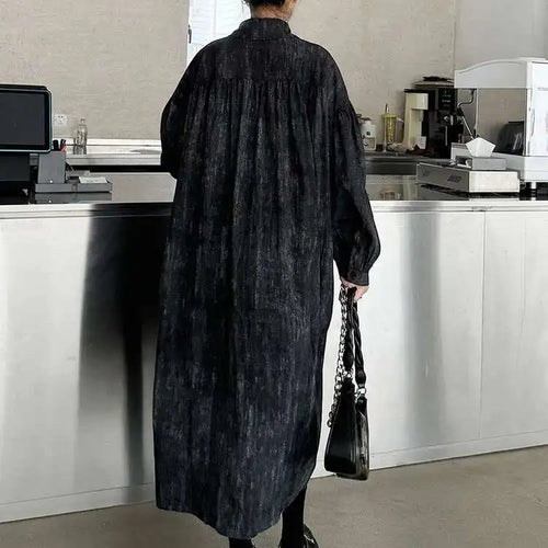 Load image into Gallery viewer, Women Black Tie Dye Pleated Big Size Midi Shirt Dress New Lapel  Long Sleeve Fashion Tide Spring Autumn 2025 1DH6918
