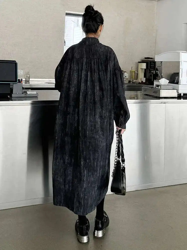 Women Black Tie Dye Pleated Big Size Midi Shirt Dress New Lapel  Long Sleeve Fashion Tide Spring Autumn 2025 1DH6918