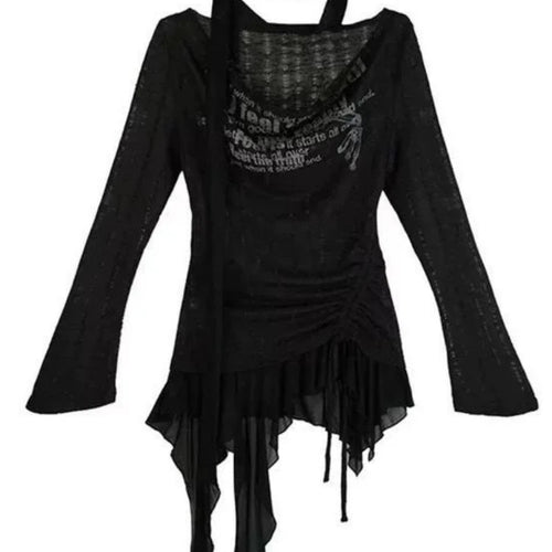 Load image into Gallery viewer, Vintage Patchwork Irregular Ruffled Tops Women Slash Neck Harajuku Drawstring Tshirts Y2k Aesthetic Letter Print Grunge T-shirts
