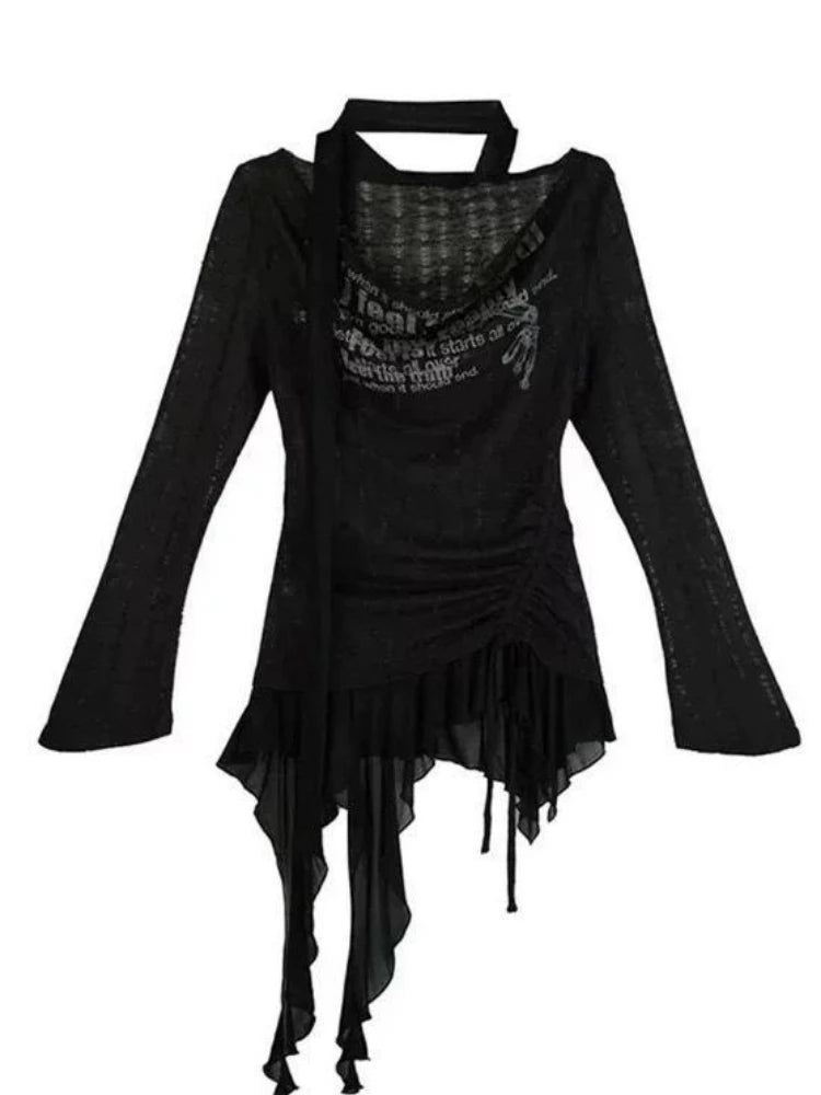 Vintage Patchwork Irregular Ruffled Tops Women Slash Neck Harajuku Drawstring Tshirts Y2k Aesthetic Letter Print Grunge T-shirts