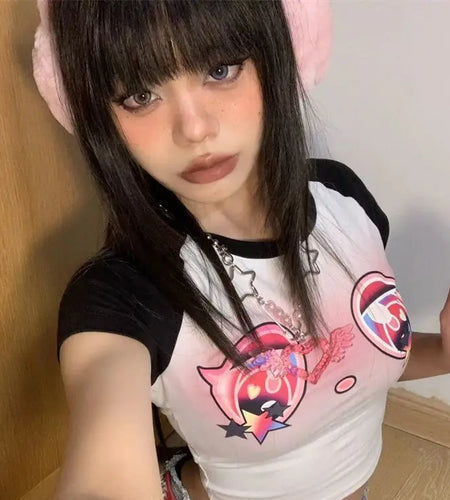 Summer Crop Tops Fashion Korean T Shirts Contrast Color Cartoon Sweet Tees Short Sleeve O-neck Tunic T-shirt Casual Y2k Tshirts