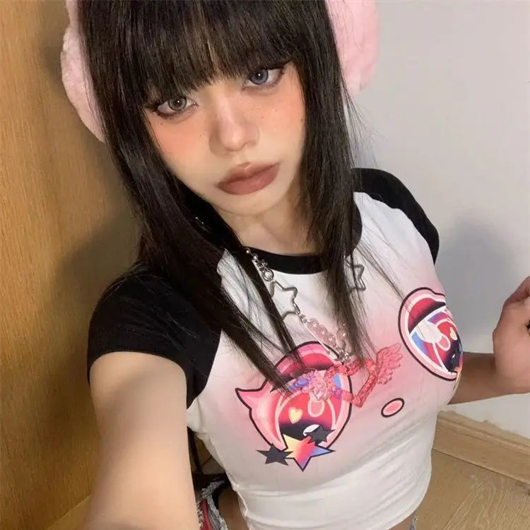 Summer Crop Tops Fashion Korean T Shirts Contrast Color Cartoon Sweet Tees Short Sleeve O-neck Tunic T-shirt Casual Y2k Tshirts