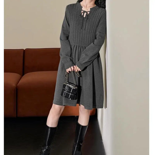 Load image into Gallery viewer, French Women's Autumn Winter Grey Long Sleeved Knitted Midi Dress V-neck Lace-up High Waist Slim Festival Pleated Dress Fashion
