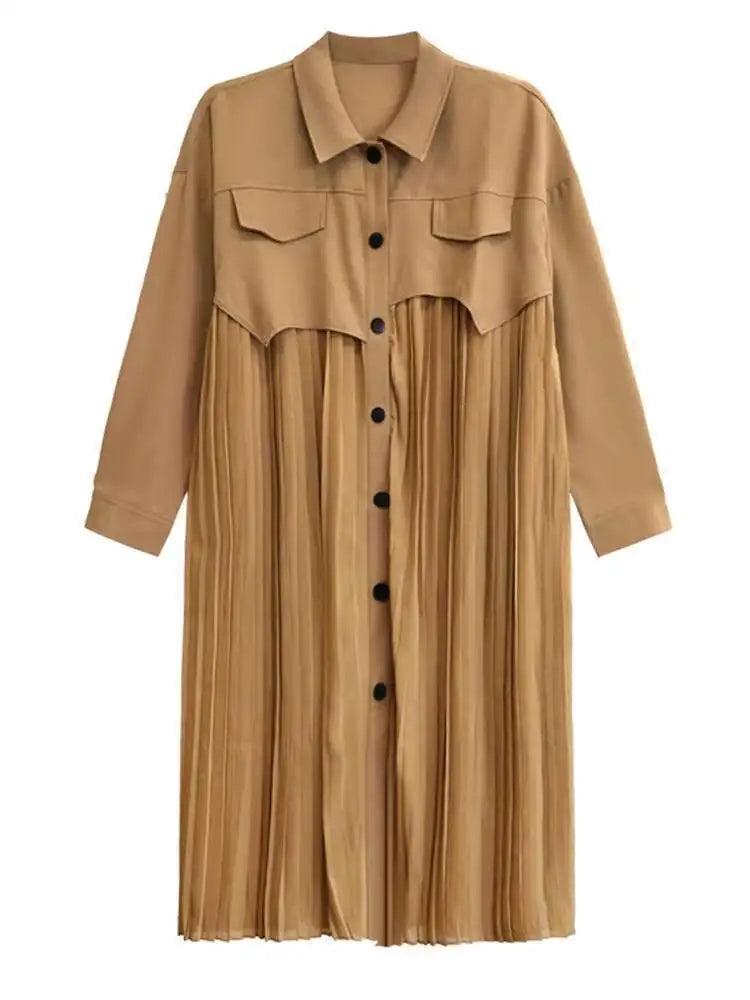 Women Army Green Pleated Spliced Big Size Midi Shirt Dress New Lapel Long Sleeve Fashion Tide Spring Autumn 2025 1DH6927