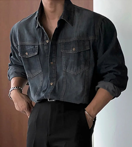 Men's Denim Shirt Solid Color Male Spring Single Breasted Shirts New Korean Turn-down Collar Loose Trendy Top 9W1450