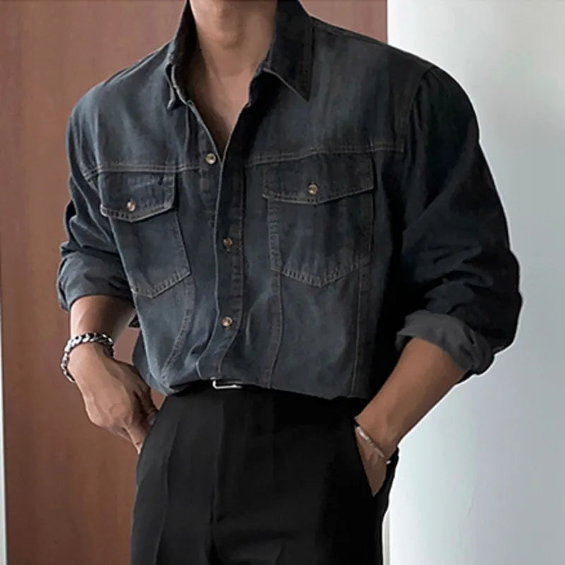 Men's Denim Shirt Solid Color Male Spring Single Breasted Shirts New Korean Turn-down Collar Loose Trendy Top 9W1450