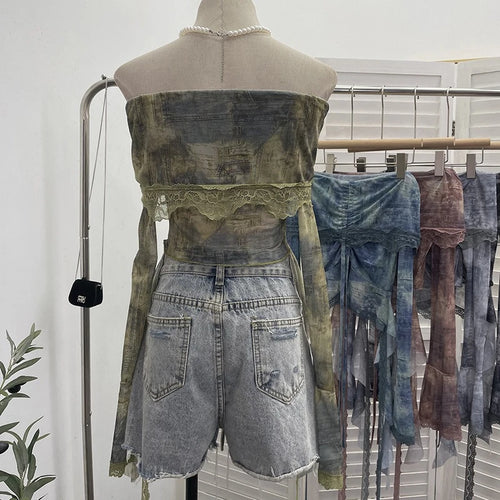 Load image into Gallery viewer, Slash Neck Tie-dye Harajuku T-shirts Streetwear Lace Patchwork Slim Fit Grunge Tops Women Y2k Aesthetic Vintage Drawstring Tees
