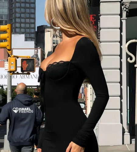 Elegant Re Lace Patchwork Bodycon Party Evening Dress Women 2025 Winter New U Neck Backless Slimming Elastic Vestido