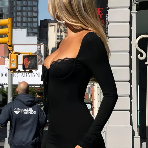 Load image into Gallery viewer, Elegant Re Lace Patchwork Bodycon Party Evening Dress Women 2025 Winter New U Neck Backless Slimming Elastic Vestido
