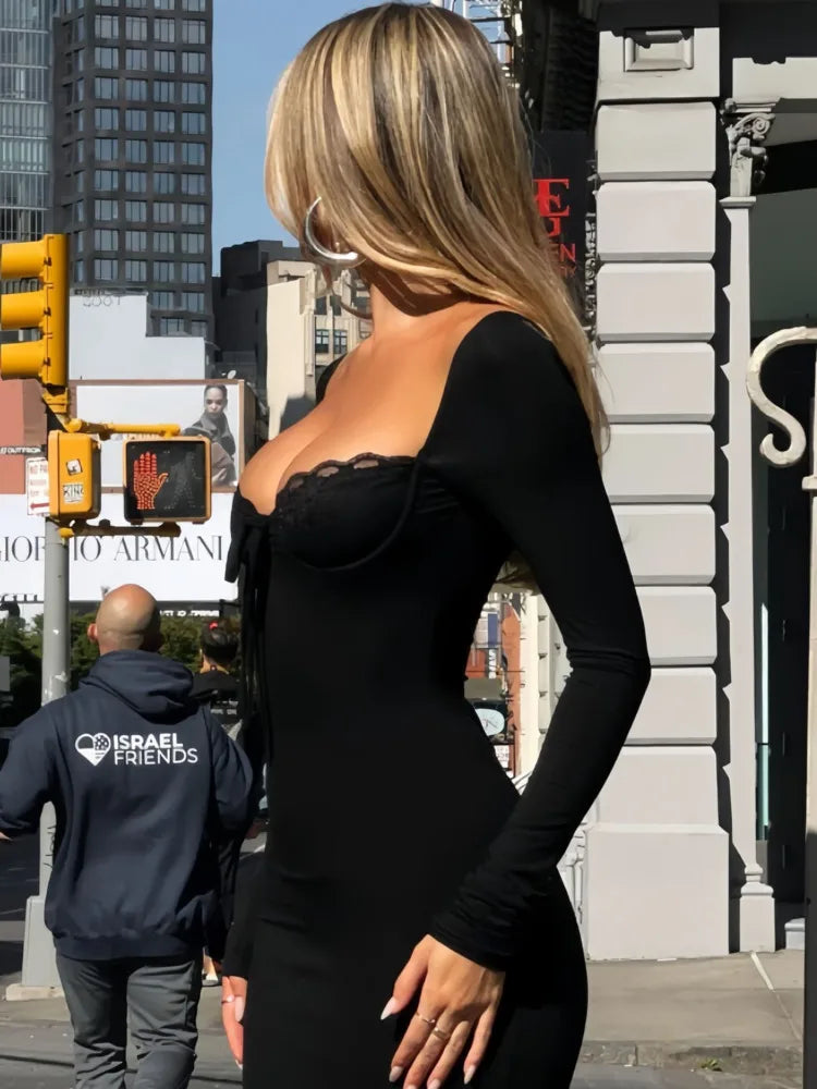 Elegant Re Lace Patchwork Bodycon Party Evening Dress Women 2025 Winter New U Neck Backless Slimming Elastic Vestido