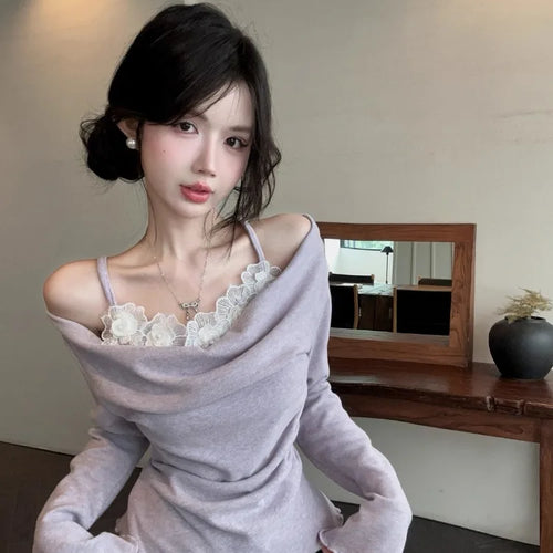 Load image into Gallery viewer, Korean Chic Lace Flower Patchwork T-Shirt Fashion Fairy Gentle Knitted Y2k Top Sweet Pleated Casual Grunge Tee Femme Streetwear
