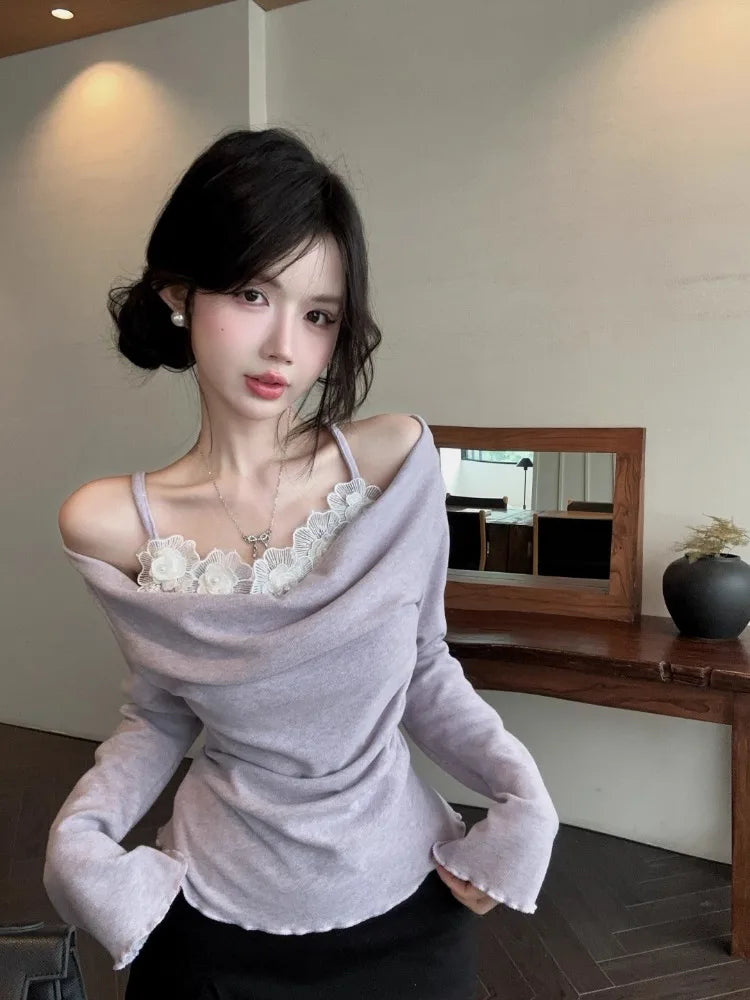 Korean Chic Lace Flower Patchwork T-Shirt Fashion Fairy Gentle Knitted Y2k Top Sweet Pleated Casual Grunge Tee Femme Streetwear