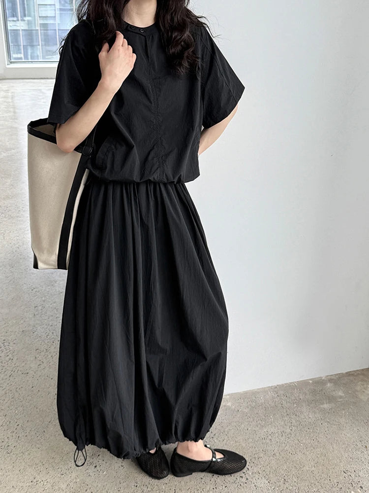 Black Thin Shirt Half-body Skirt Two Pieces Suit New Round Neck Short Sleeve Women Fashion Tide Spring Summer 2025 1DJ1281