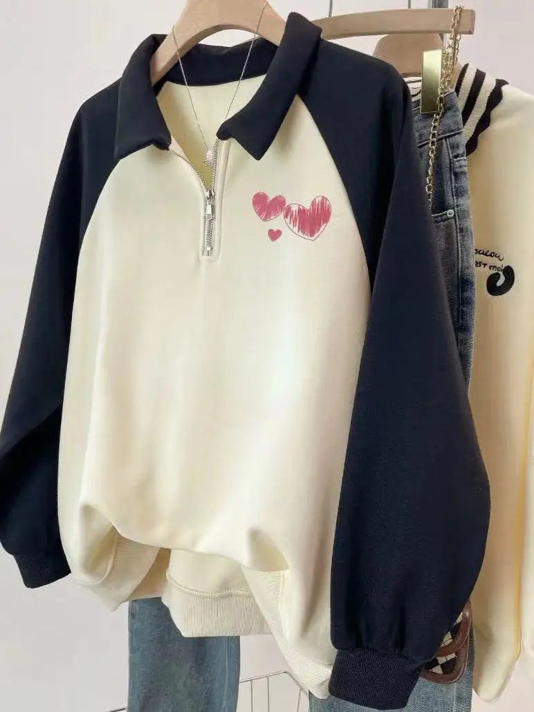 Korean Version 2024 Autumn Winter Beige Patchwork Heart-shaped Print Zipper Sweatshirt Women Long Sleeve Festival Pullover Tops
