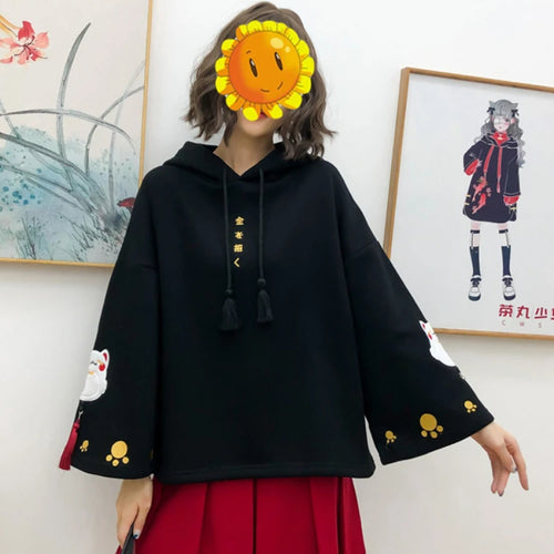 Load image into Gallery viewer, Women Cotton Hooded Sweatshirts With Cartoon Embroidery Casual Hoodies Flare Sleeve Balck Harakuju Pullover Kawaii Chothes
