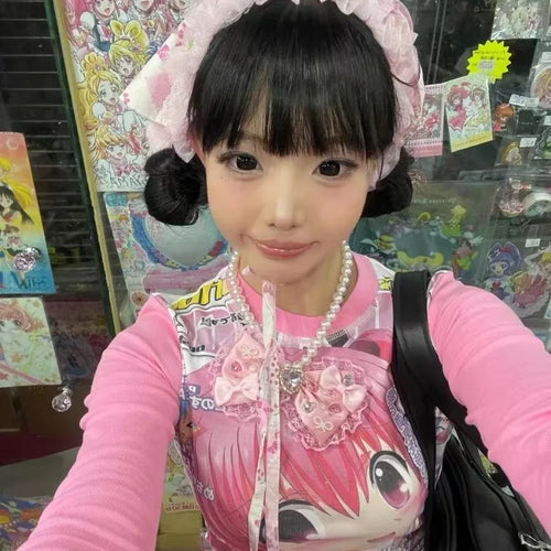 Load image into Gallery viewer, Harajuku Rose Red Grunge Crop Top Japanese Cartoon Printing Goth Women T Shirt  Y2k Aesthetic Casual Bottoming Streetwear Tees
