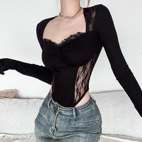 Load image into Gallery viewer, Fashion Sexy Skinny Party Bodysuit Female Folds Ruched Catsuit Chic Square Neck Lace Patchwork Body Transparent Goth

